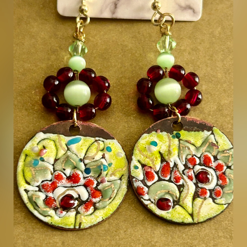 Earrings NWOT flowers Artisan green, red Copper enamel & glass beads 2.5” drop - Picture 2 of 12